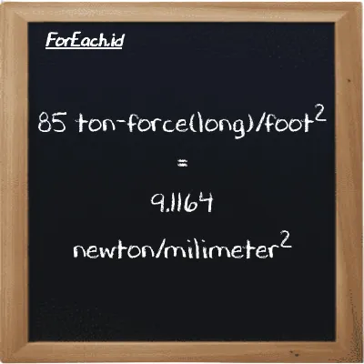 How to convert ton-force(long)/foot<sup>2</sup> to newton/milimeter<sup>2</sup>: 85 ton-force(long)/foot<sup>2</sup> (LT f/ft<sup>2</sup>) is equivalent to 85 times 0.10725 newton/milimeter<sup>2</sup> (N/mm<sup>2</sup>)